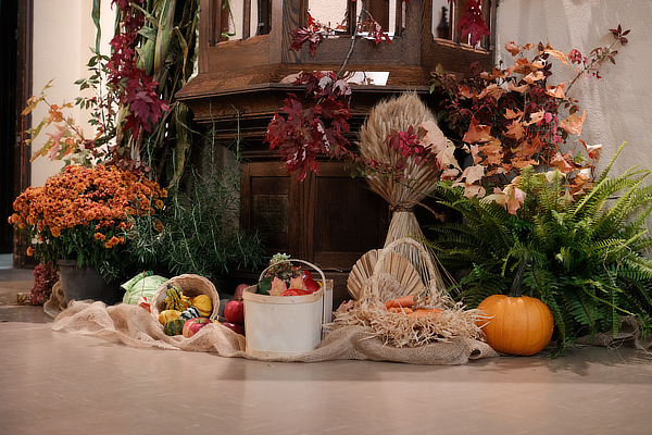 Thanksgiving decorations under the pulpit