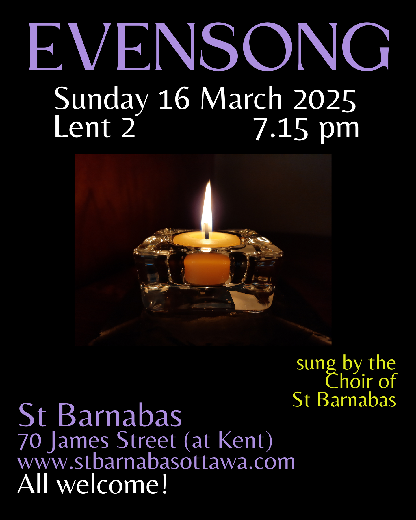 Evensong poster featuring a candle in darkness