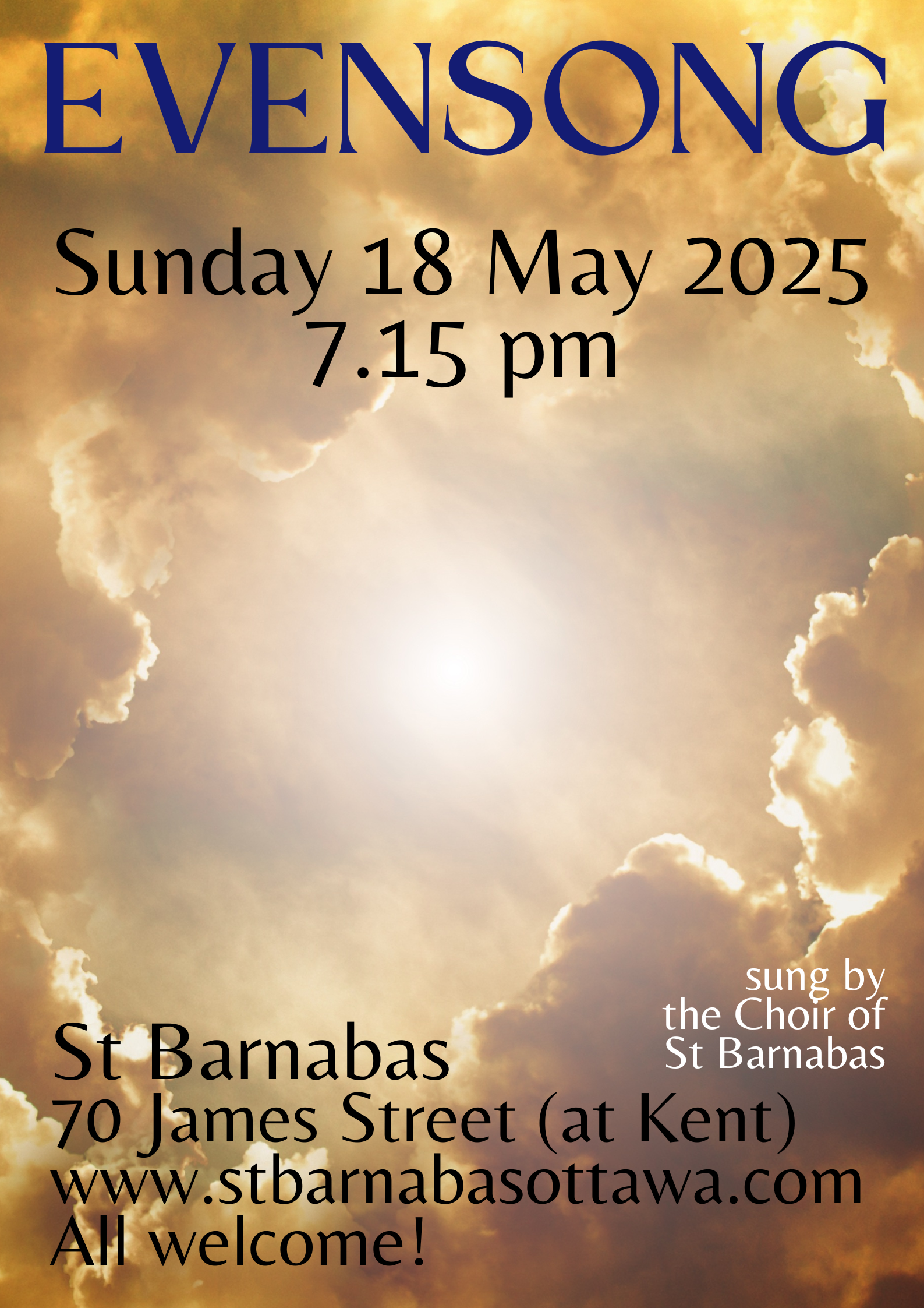 Poster for Evensong: illustration of sunlight through clouds.
