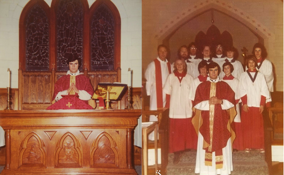 Fr Young when he was first ordained, shown in a red robe seated and in procession.