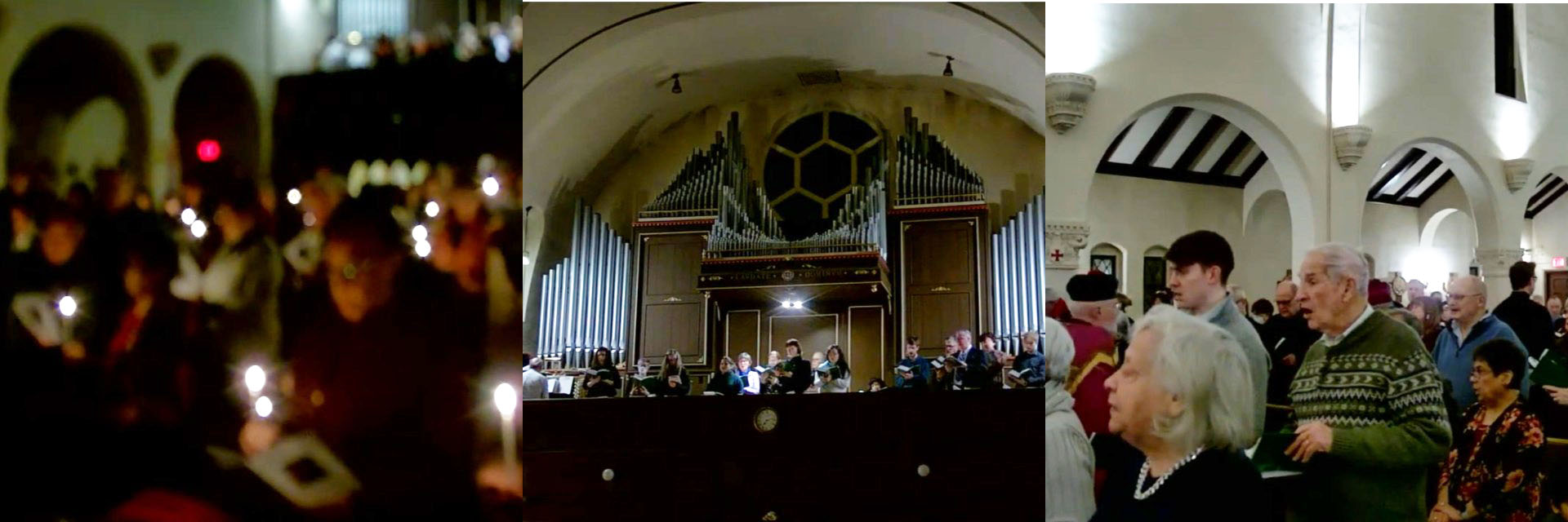 Three photos: at left candles held by parishioners; at centre a view of the choir in the balcony; and at right some parishioners in the pews singing a hymn.