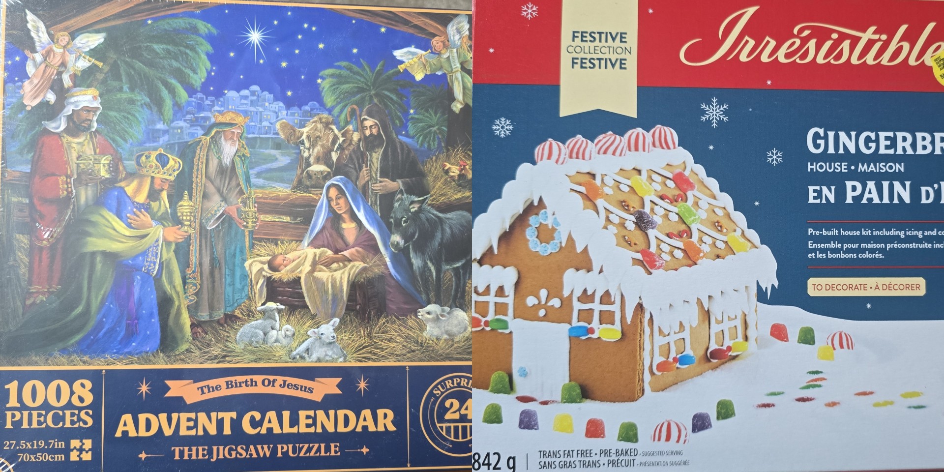 A photo at left of an Advent jigsaw puzzle and at right a kit for making a gingerbread house.