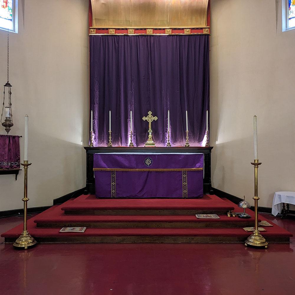 Altar during lent 1 with purple frontal 