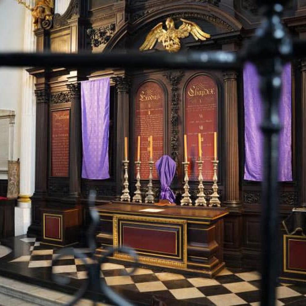 View of altar with shrouded crucifix